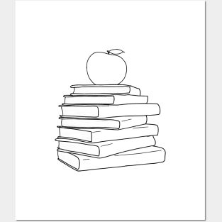 Apple on Book Stack - Red Apple & Black Books Line Art Posters and Art